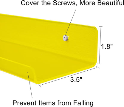2-Pack Small Acrylic Shelves Wall Mounted, 12 in Display Shelves | for Small Items, Plants, Room Decor Floating Wall Shelves for Gaming Room, Bedroom, Living Room, Office, Yellow