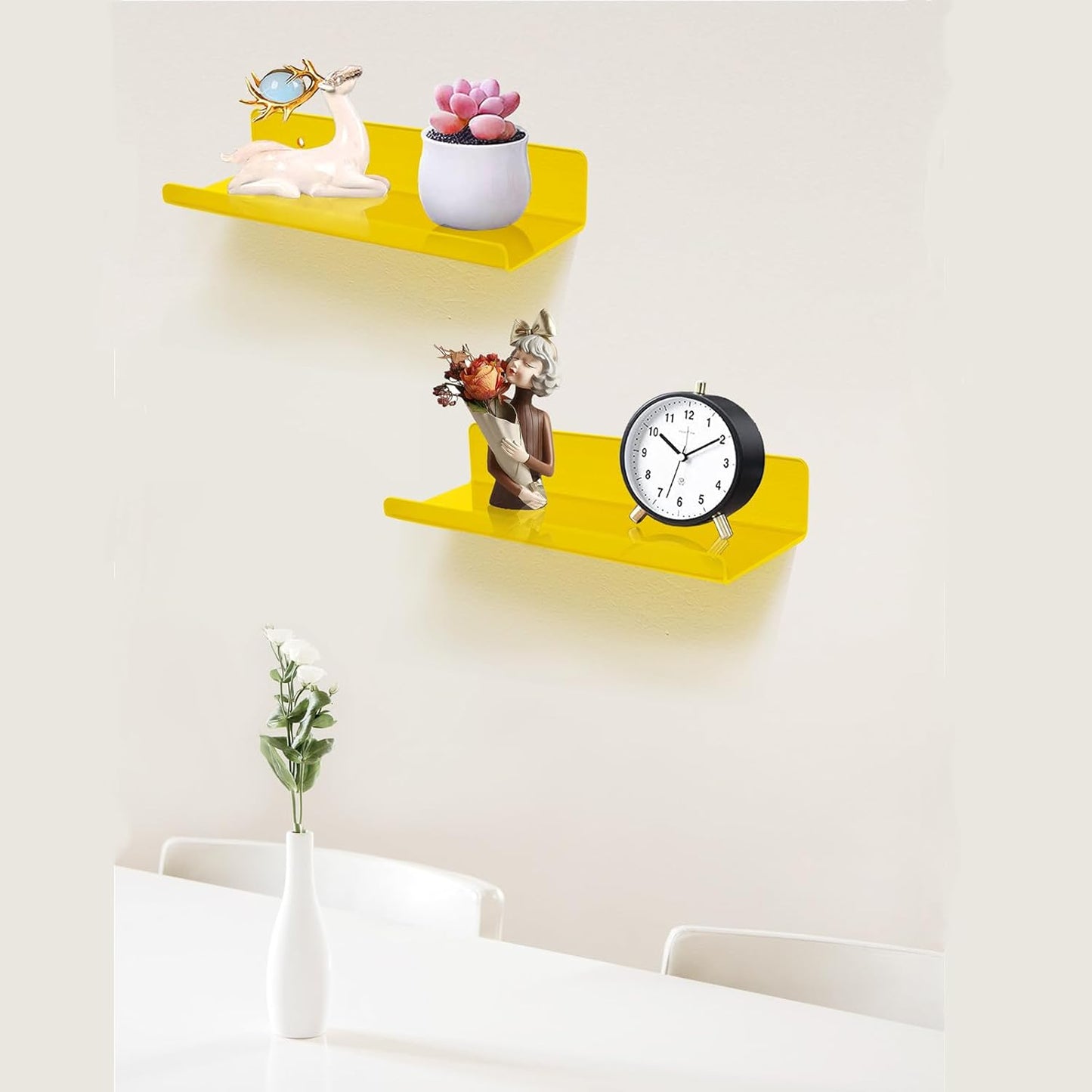 2-Pack Small Acrylic Shelves Wall Mounted, 12 in Display Shelves | for Small Items, Plants, Room Decor Floating Wall Shelves for Gaming Room, Bedroom, Living Room, Office, Yellow