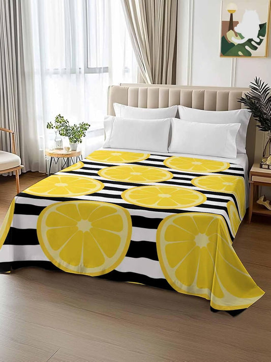 Queen Size Top Sheet Only, Farmhouses Country Yellow Lemon Flat Sheet Microfiber Breathable Soft Bed Sheets, Black White Stripes Hotel Bedding Flat Sheets for Bedroom