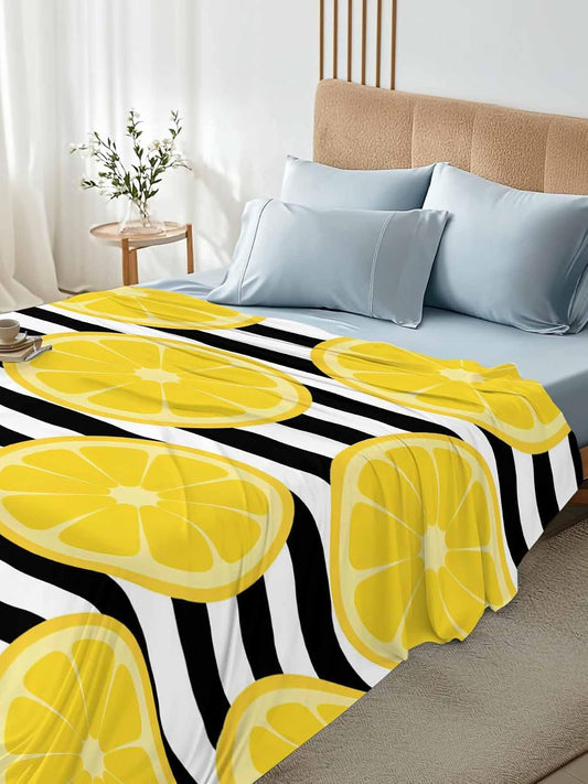 Queen Size Top Sheet Only, Farmhouses Country Yellow Lemon Flat Sheet Microfiber Breathable Soft Bed Sheets, Black White Stripes Hotel Bedding Flat Sheets for Bedroom