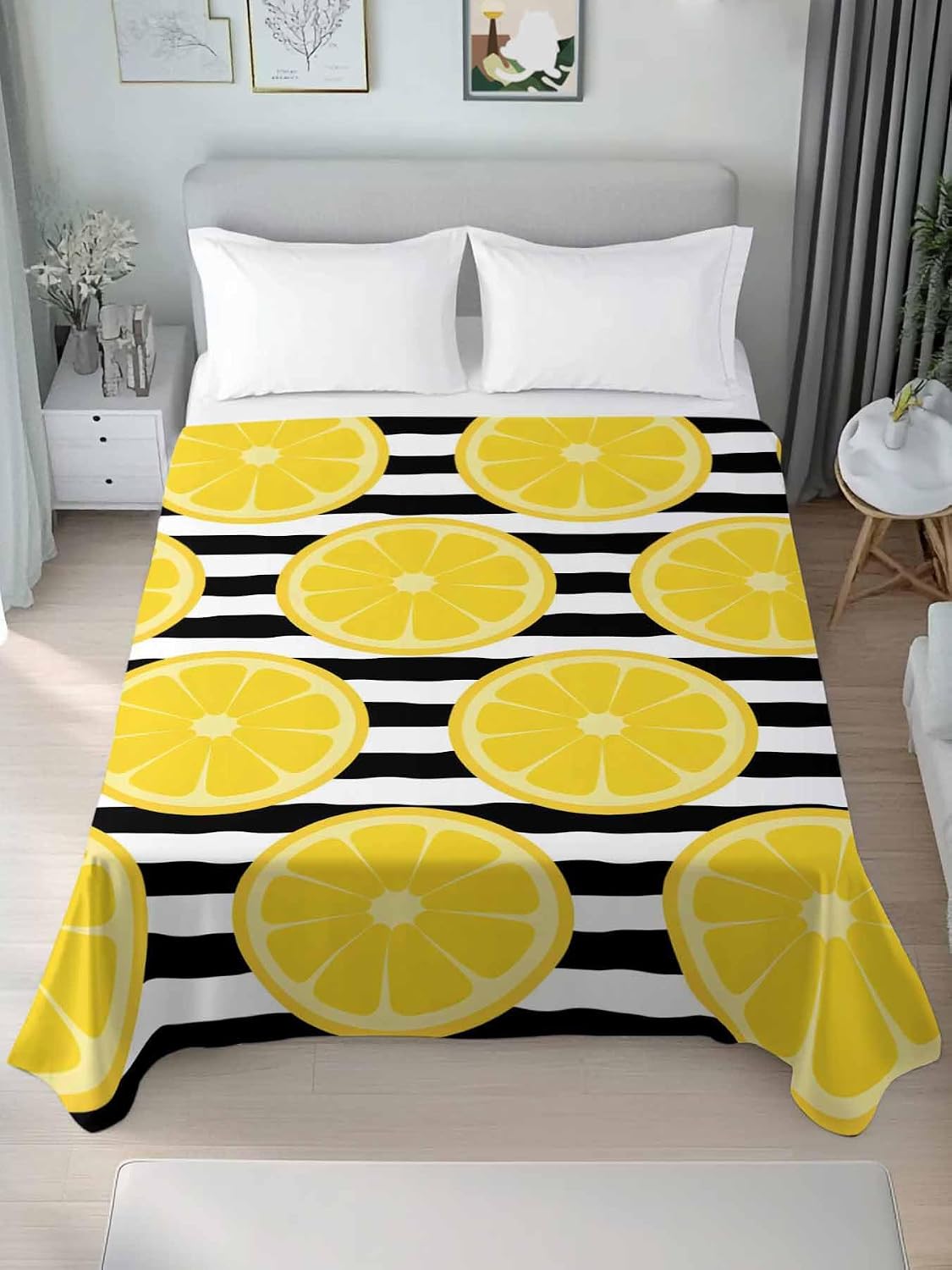 Queen Size Top Sheet Only, Farmhouses Country Yellow Lemon Flat Sheet Microfiber Breathable Soft Bed Sheets, Black White Stripes Hotel Bedding Flat Sheets for Bedroom