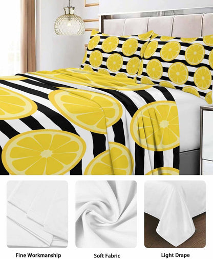 Queen Size Top Sheet Only, Farmhouses Country Yellow Lemon Flat Sheet Microfiber Breathable Soft Bed Sheets, Black White Stripes Hotel Bedding Flat Sheets for Bedroom
