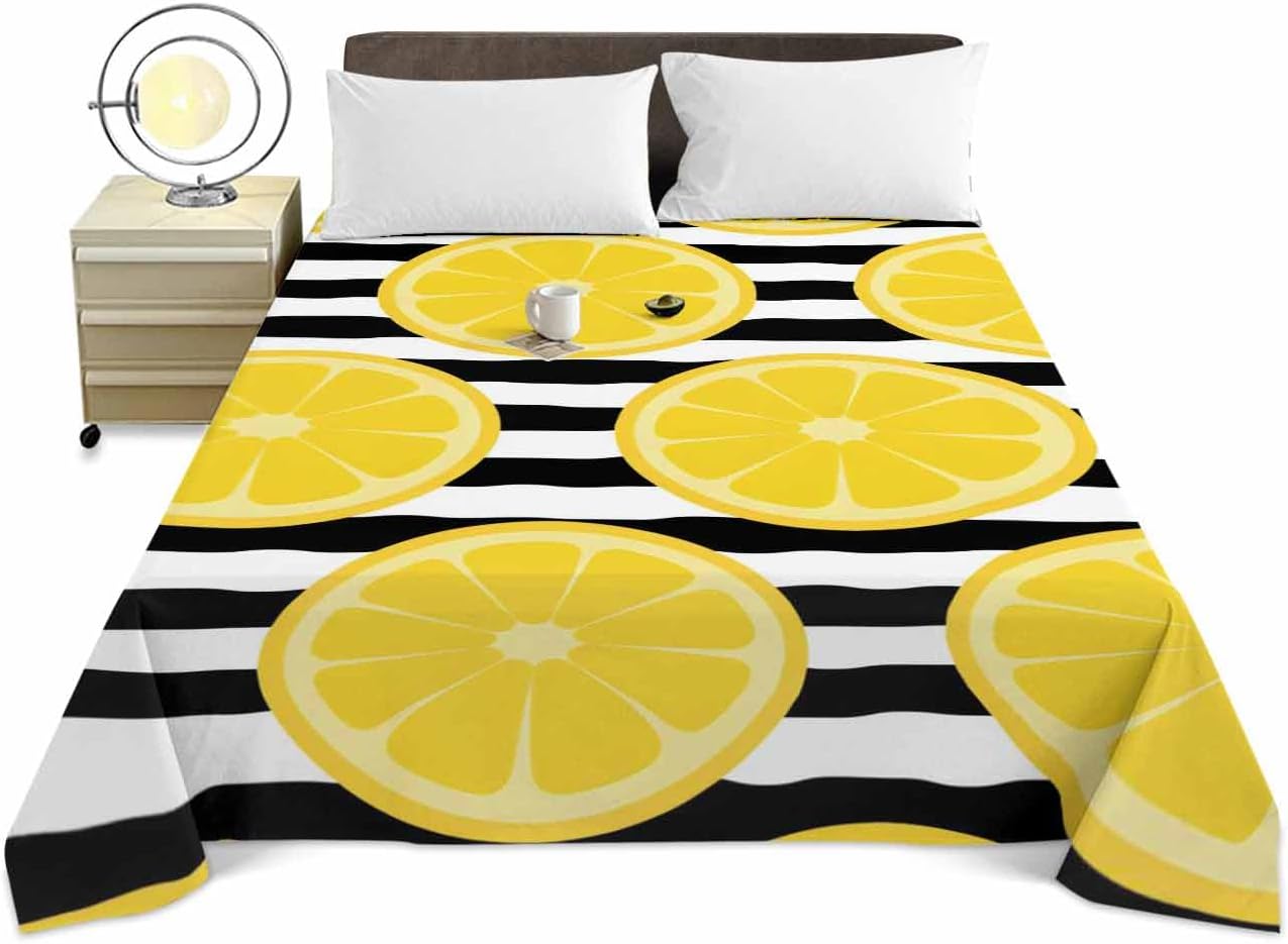 Queen Size Top Sheet Only, Farmhouses Country Yellow Lemon Flat Sheet Microfiber Breathable Soft Bed Sheets, Black White Stripes Hotel Bedding Flat Sheets for Bedroom