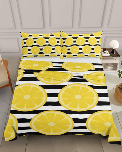 Queen Size Top Sheet Only, Farmhouses Country Yellow Lemon Flat Sheet Microfiber Breathable Soft Bed Sheets, Black White Stripes Hotel Bedding Flat Sheets for Bedroom