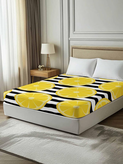 Queen Size Top Sheet Only, Farmhouses Country Yellow Lemon Flat Sheet Microfiber Breathable Soft Bed Sheets, Black White Stripes Hotel Bedding Flat Sheets for Bedroom