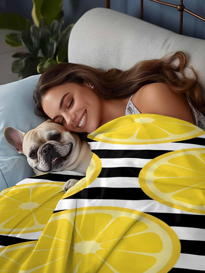 Queen Size Top Sheet Only, Farmhouses Country Yellow Lemon Flat Sheet Microfiber Breathable Soft Bed Sheets, Black White Stripes Hotel Bedding Flat Sheets for Bedroom