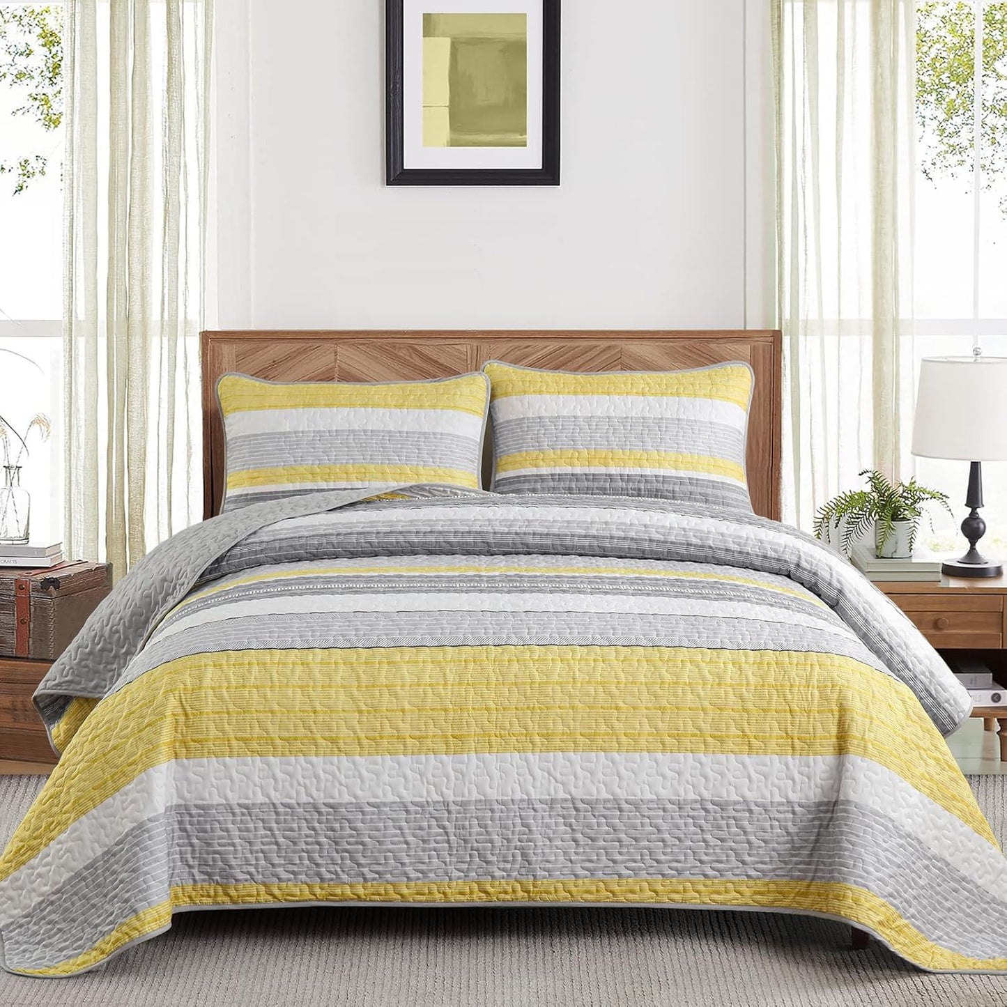 California King Size Quilt Set,3 Piece Fall Soft Lightweight Bedspreads Coverlet Set,Patchwork Striped Quilted Bedding Sets for All Season,Yellow Grey White Comforter Sets with 2 Pillow Shams 112"X96"