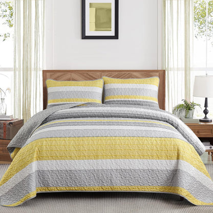 California King Size Quilt Set,3 Piece Fall Soft Lightweight Bedspreads Coverlet Set,Patchwork Striped Quilted Bedding Sets for All Season,Yellow Grey White Comforter Sets with 2 Pillow Shams 112"X96"