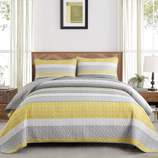 California King Size Quilt Set,3 Piece Fall Soft Lightweight Bedspreads Coverlet Set,Patchwork Striped Quilted Bedding Sets for All Season,Yellow Grey White Comforter Sets with 2 Pillow Shams 112"X96"