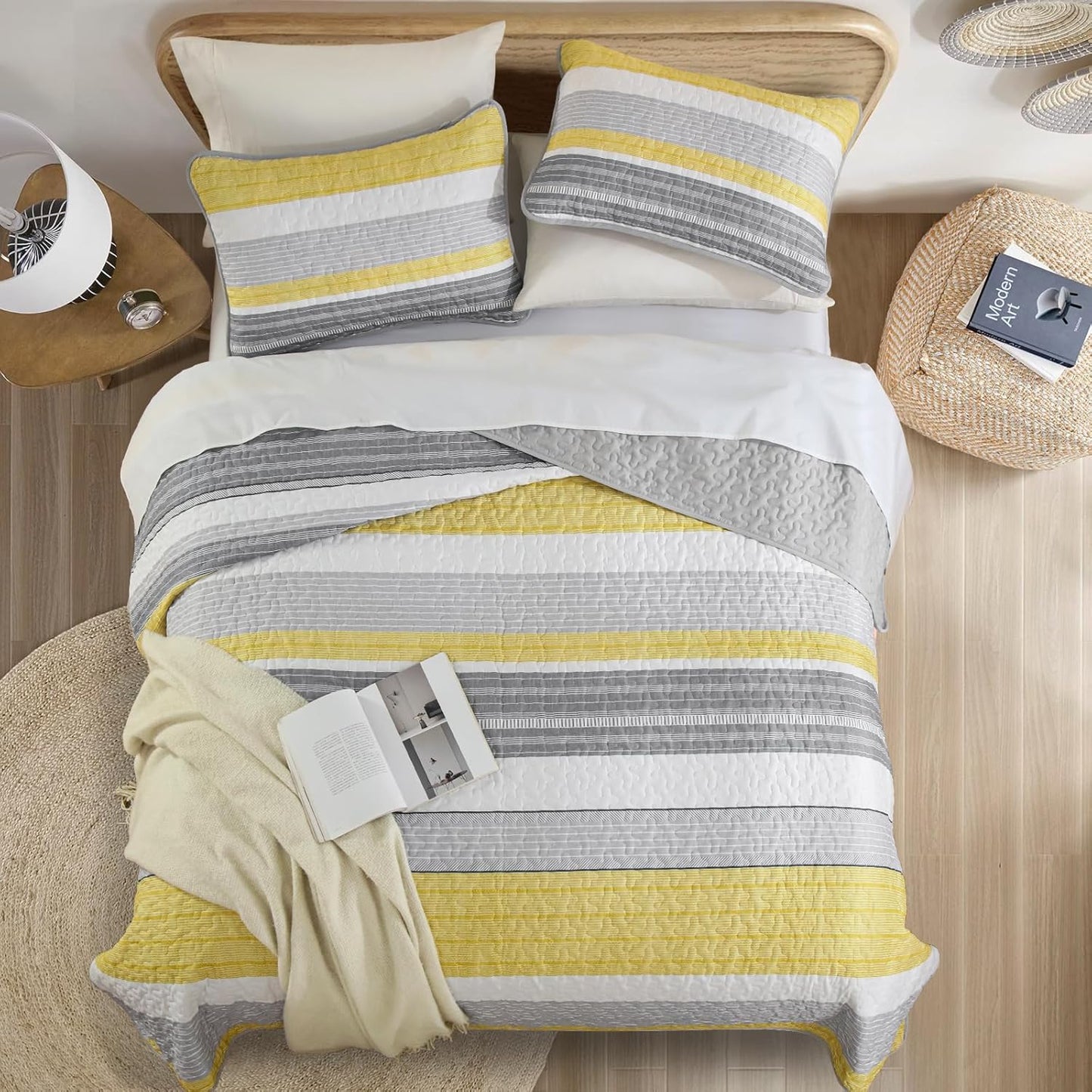 California King Size Quilt Set,3 Piece Fall Soft Lightweight Bedspreads Coverlet Set,Patchwork Striped Quilted Bedding Sets for All Season,Yellow Grey White Comforter Sets with 2 Pillow Shams 112"X96"