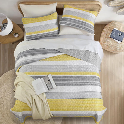 California King Size Quilt Set,3 Piece Fall Soft Lightweight Bedspreads Coverlet Set,Patchwork Striped Quilted Bedding Sets for All Season,Yellow Grey White Comforter Sets with 2 Pillow Shams 112"X96"