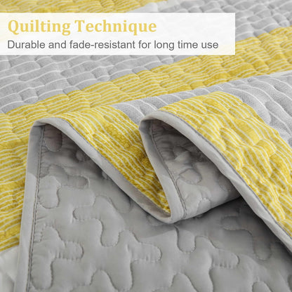 California King Size Quilt Set,3 Piece Fall Soft Lightweight Bedspreads Coverlet Set,Patchwork Striped Quilted Bedding Sets for All Season,Yellow Grey White Comforter Sets with 2 Pillow Shams 112"X96"