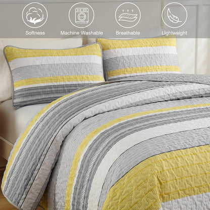 California King Size Quilt Set,3 Piece Fall Soft Lightweight Bedspreads Coverlet Set,Patchwork Striped Quilted Bedding Sets for All Season,Yellow Grey White Comforter Sets with 2 Pillow Shams 112"X96"
