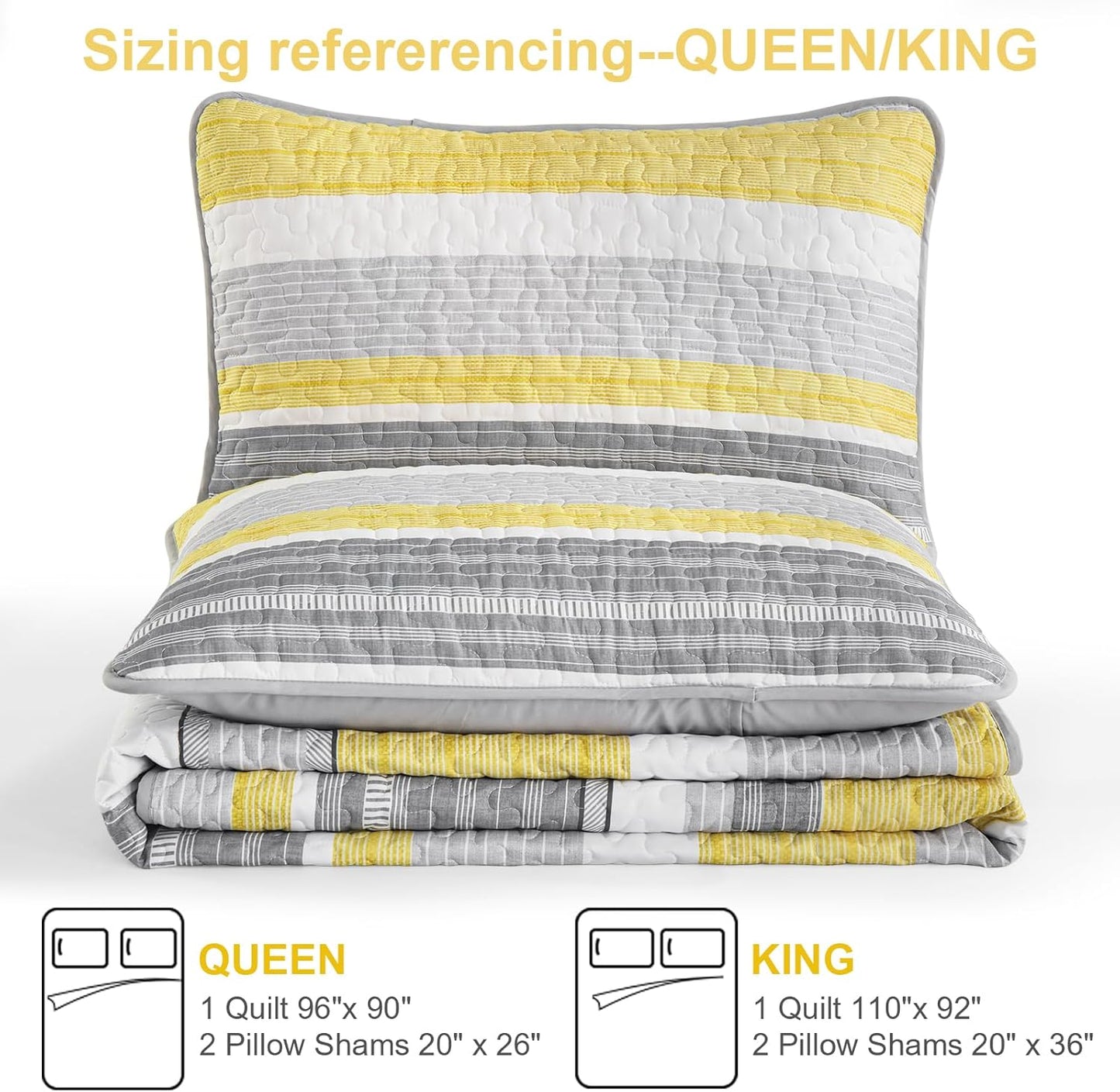 California King Size Quilt Set,3 Piece Fall Soft Lightweight Bedspreads Coverlet Set,Patchwork Striped Quilted Bedding Sets for All Season,Yellow Grey White Comforter Sets with 2 Pillow Shams 112"X96"