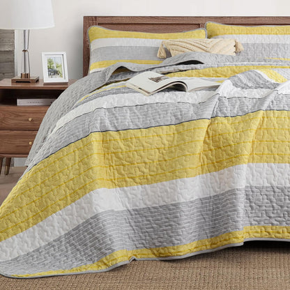 California King Size Quilt Set,3 Piece Fall Soft Lightweight Bedspreads Coverlet Set,Patchwork Striped Quilted Bedding Sets for All Season,Yellow Grey White Comforter Sets with 2 Pillow Shams 112"X96"