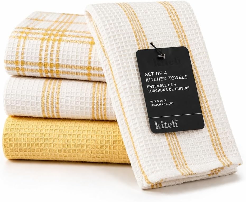 Kitchen Towels Set of 4 Dish Towels Yellow n White Waffle Weave Cotton Hand Towels, 18 x 28 Absorbent Kitchen Linens