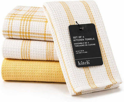 Kitchen Towels Set of 4 Dish Towels Yellow n White Waffle Weave Cotton Hand Towels, 18 x 28 Absorbent Kitchen Linens
