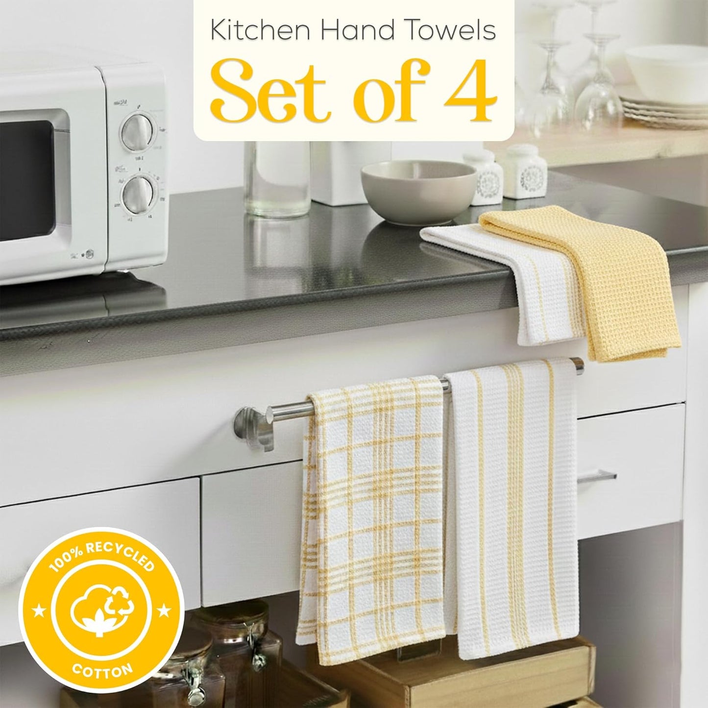 Kitchen Towels Set of 4 Dish Towels Yellow n White Waffle Weave Cotton Hand Towels, 18 x 28 Absorbent Kitchen Linens