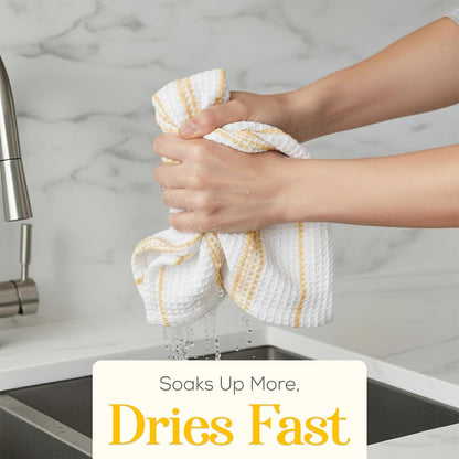 Kitchen Towels Set of 4 Dish Towels Yellow n White Waffle Weave Cotton Hand Towels, 18 x 28 Absorbent Kitchen Linens