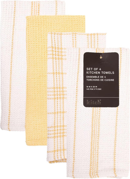 Kitchen Towels Set of 4 Dish Towels Yellow n White Waffle Weave Cotton Hand Towels, 18 x 28 Absorbent Kitchen Linens