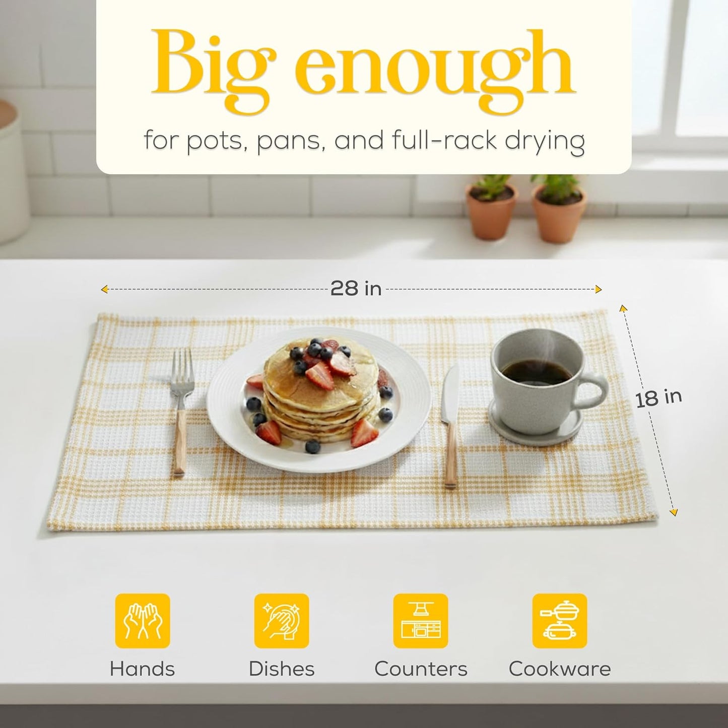 Kitchen Towels Set of 4 Dish Towels Yellow n White Waffle Weave Cotton Hand Towels, 18 x 28 Absorbent Kitchen Linens
