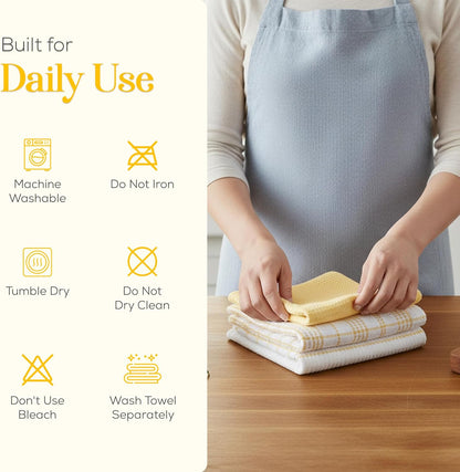 Kitchen Towels Set of 4 Dish Towels Yellow n White Waffle Weave Cotton Hand Towels, 18 x 28 Absorbent Kitchen Linens