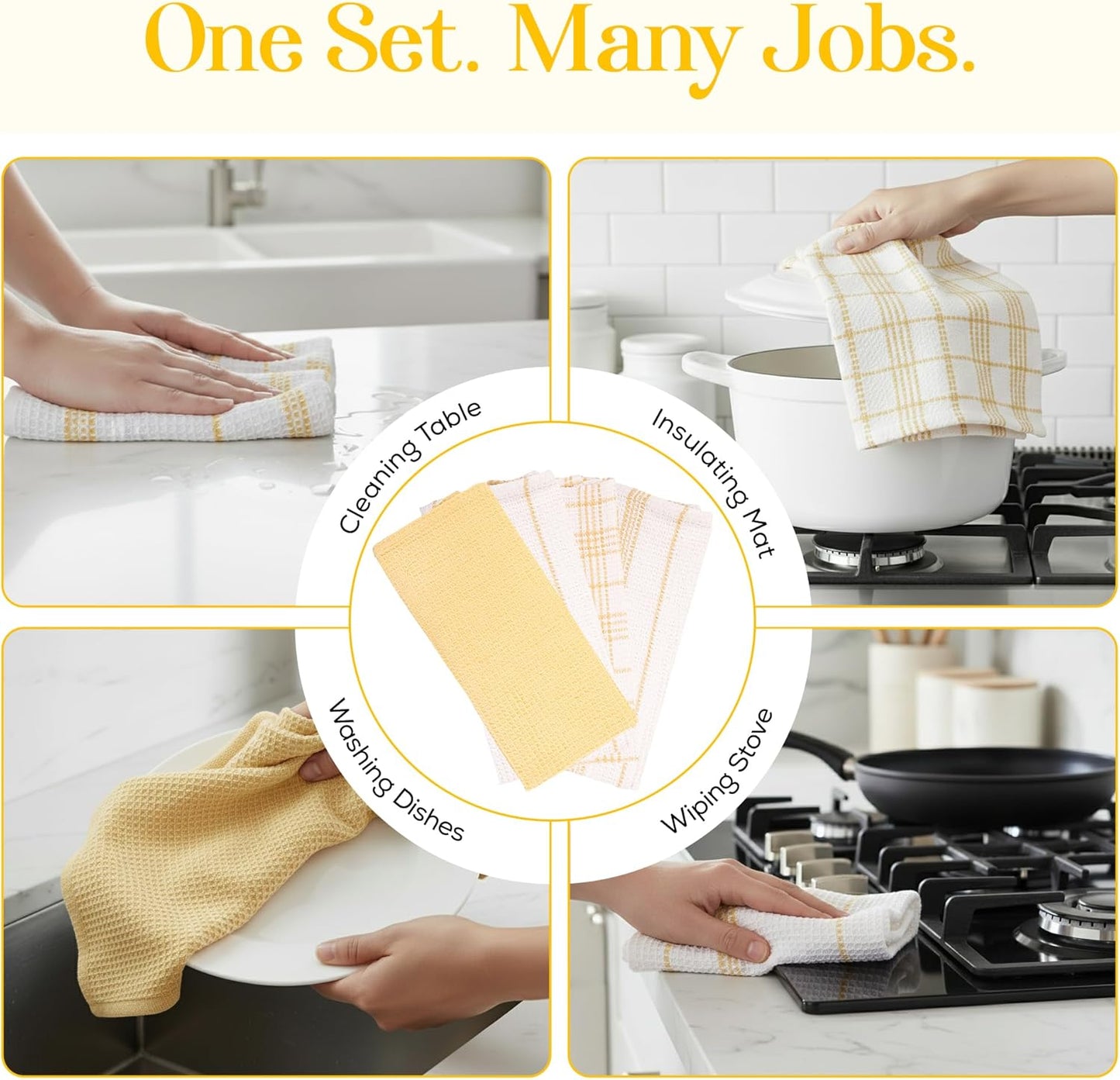 Kitchen Towels Set of 4 Dish Towels Yellow n White Waffle Weave Cotton Hand Towels, 18 x 28 Absorbent Kitchen Linens