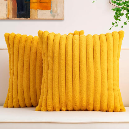 Pack of 2 Faux Fur Christmas Throw Pillow Covers 24x24 Inch, Yellow | Fall Plush Striped Couch Pillow Cover, with Velvet Back Modern Home Decorative Throw Pillow for Sofa Living Room Couch Bed