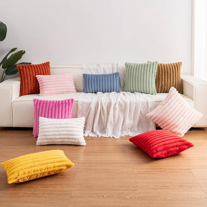 Pack of 2 Faux Fur Christmas Throw Pillow Covers 24x24 Inch, Yellow | Fall Plush Striped Couch Pillow Cover, with Velvet Back Modern Home Decorative Throw Pillow for Sofa Living Room Couch Bed