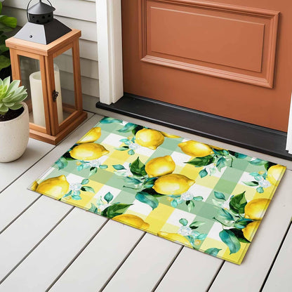 Indoor Area Rugs, Summer Lemon Fruit Green Leaf Non-Slip Rectangle Accent Area Floor Rug for Living Room Bedroom Kids Room College Dorm, 2x3ft Light Yellow Green Check