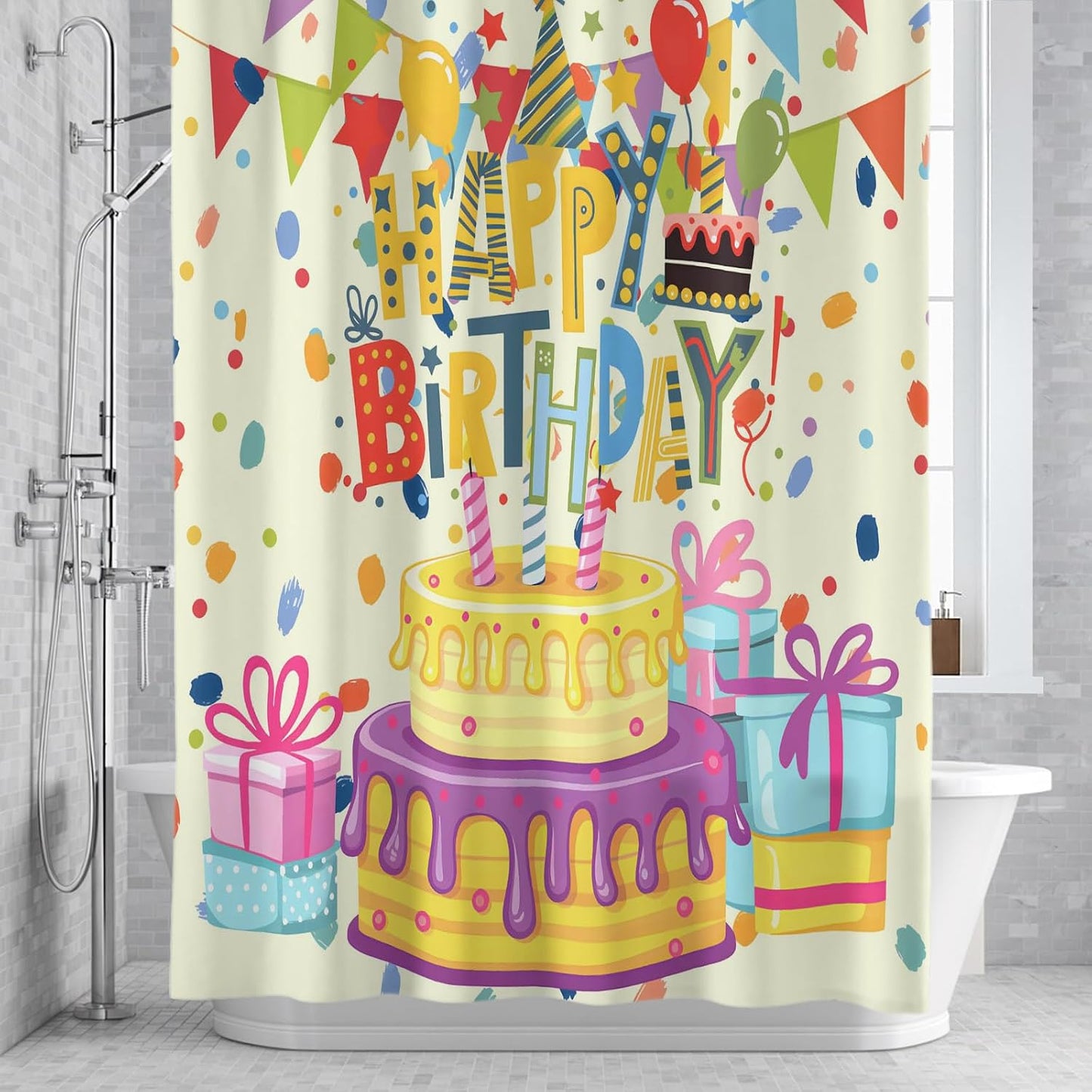 Birthday Theme Waterproof Shower Curtain for Bathroom Cute Cartoon Polyester Fabric Shower Curtain Set with Hooks, Decorative Bath Curtain for Home Decor 72x72 in