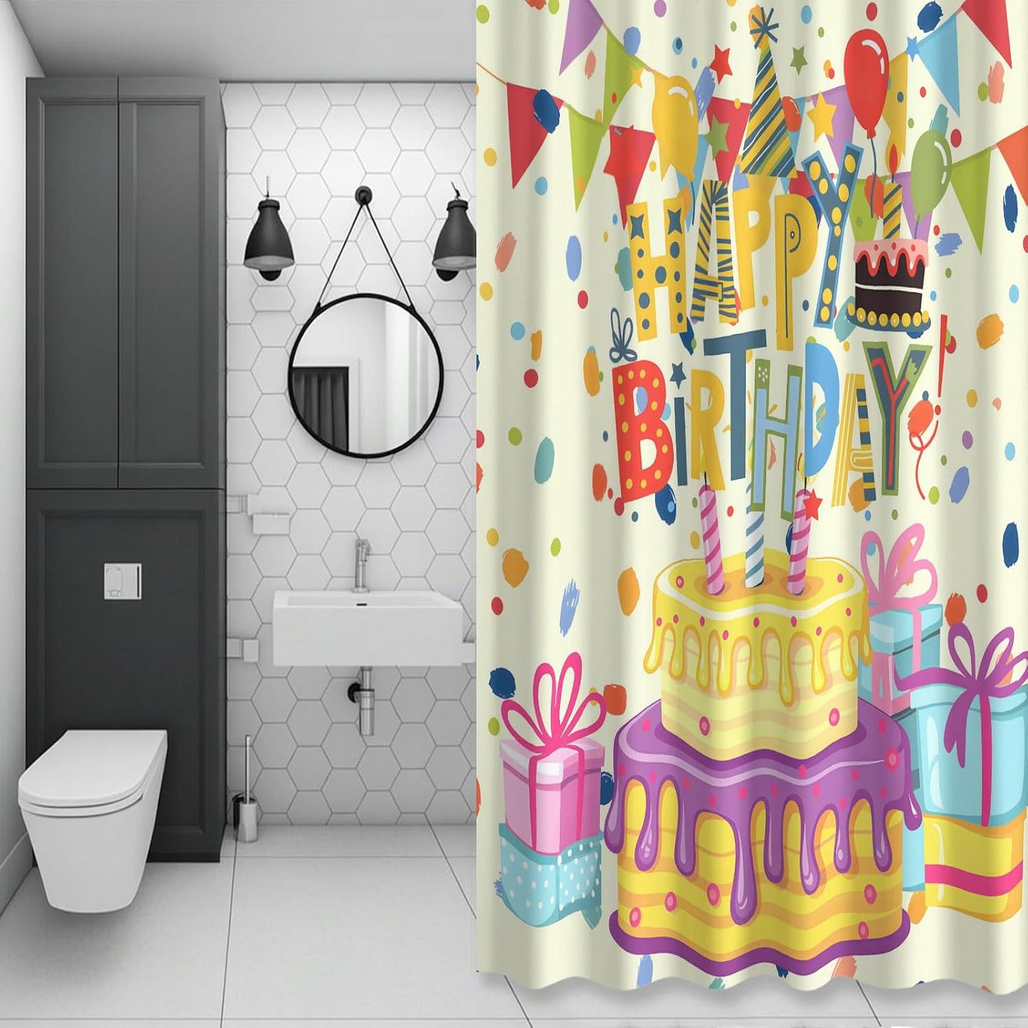Birthday Theme Waterproof Shower Curtain for Bathroom Cute Cartoon Polyester Fabric Shower Curtain Set with Hooks, Decorative Bath Curtain for Home Decor 72x72 in