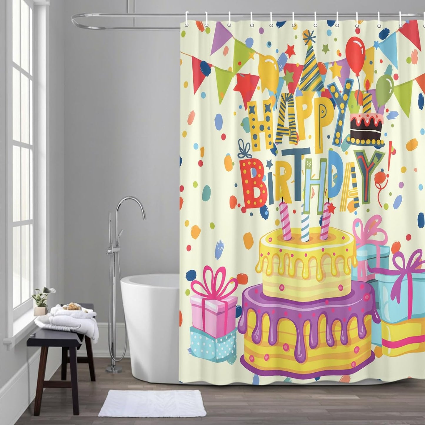 Birthday Theme Waterproof Shower Curtain for Bathroom Cute Cartoon Polyester Fabric Shower Curtain Set with Hooks, Decorative Bath Curtain for Home Decor 72x72 in