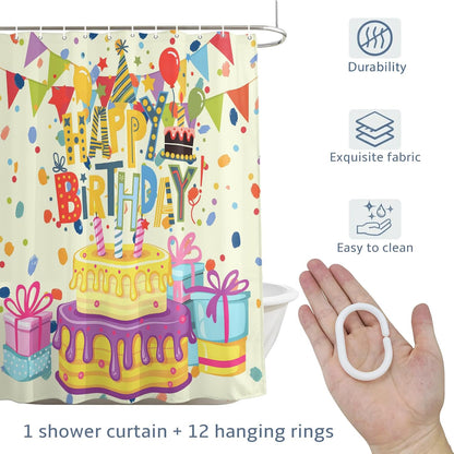 Birthday Theme Waterproof Shower Curtain for Bathroom Cute Cartoon Polyester Fabric Shower Curtain Set with Hooks, Decorative Bath Curtain for Home Decor 72x72 in