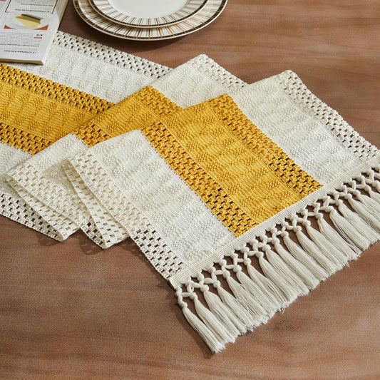ZeeMart Macrame Style Bicolor Stitching Table Runner, 14 x 60 Inch Mustard/Ivory, Boho Yellow Table Runners 60 Inches Long, Farmhouse Woven Home Decor