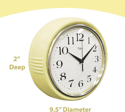 Retro Wall Clock, 9.5 Inch Vintage Design, Silent Non-Ticking Quartz Movement, Battery Operated, Perfect for Kitchen, Living Room, Office, and Indoor Use (Vintage Yellow)
