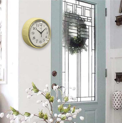 Retro Wall Clock, 9.5 Inch Vintage Design, Silent Non-Ticking Quartz Movement, Battery Operated, Perfect for Kitchen, Living Room, Office, and Indoor Use (Vintage Yellow)