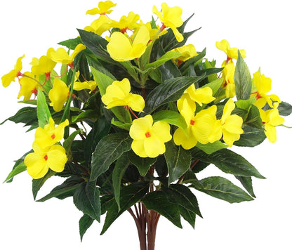 2 Pcs Artificial Impatiens Flowers for Outdoors Faux Impatiens Bushes Yellow Silk Flowers Greenery Artificial Impatiens Bouquet for Patio Lawn Garden Pot Hanging Basket Porch Decoration
