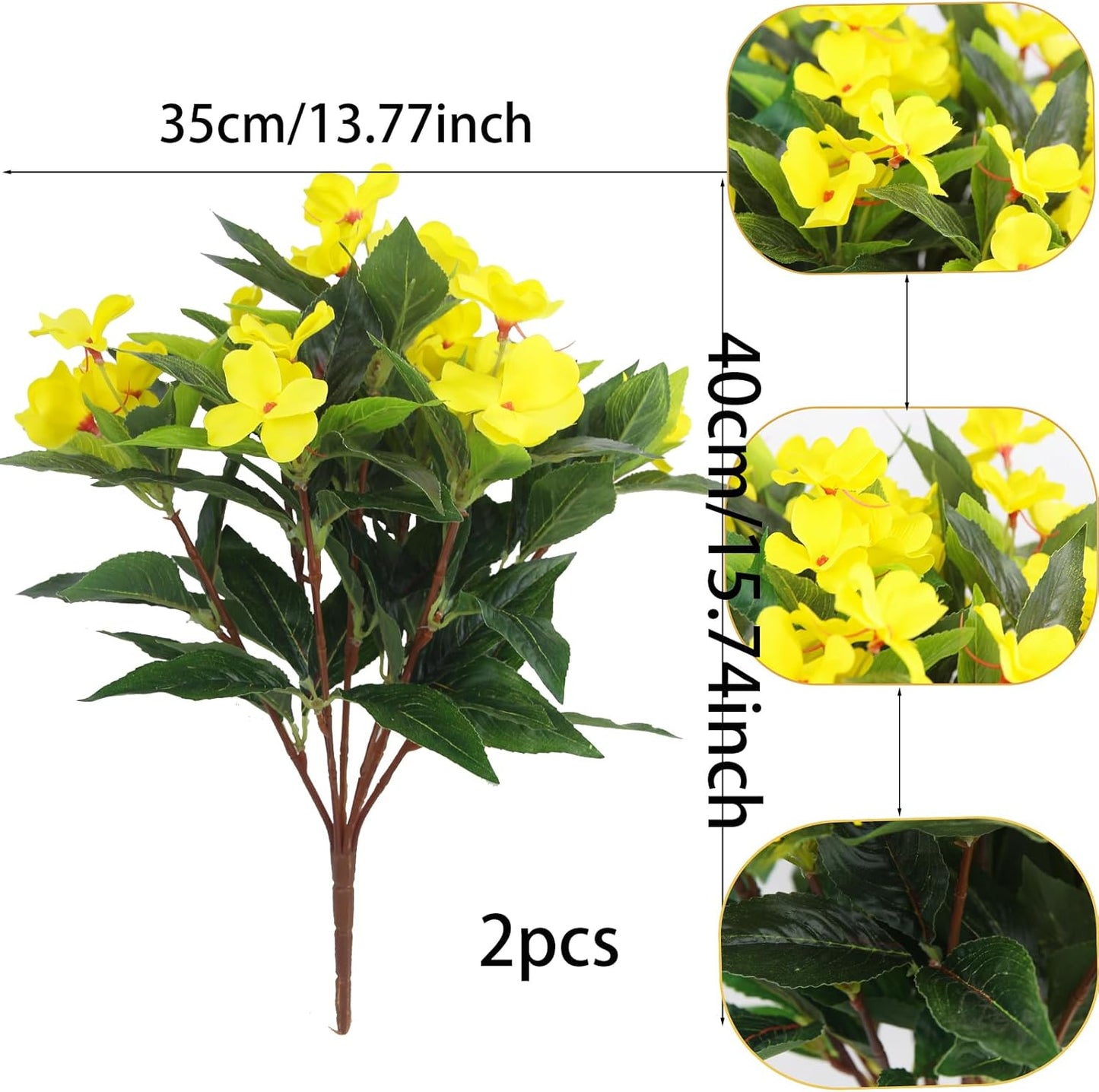 2 Pcs Artificial Impatiens Flowers for Outdoors Faux Impatiens Bushes Yellow Silk Flowers Greenery Artificial Impatiens Bouquet for Patio Lawn Garden Pot Hanging Basket Porch Decoration