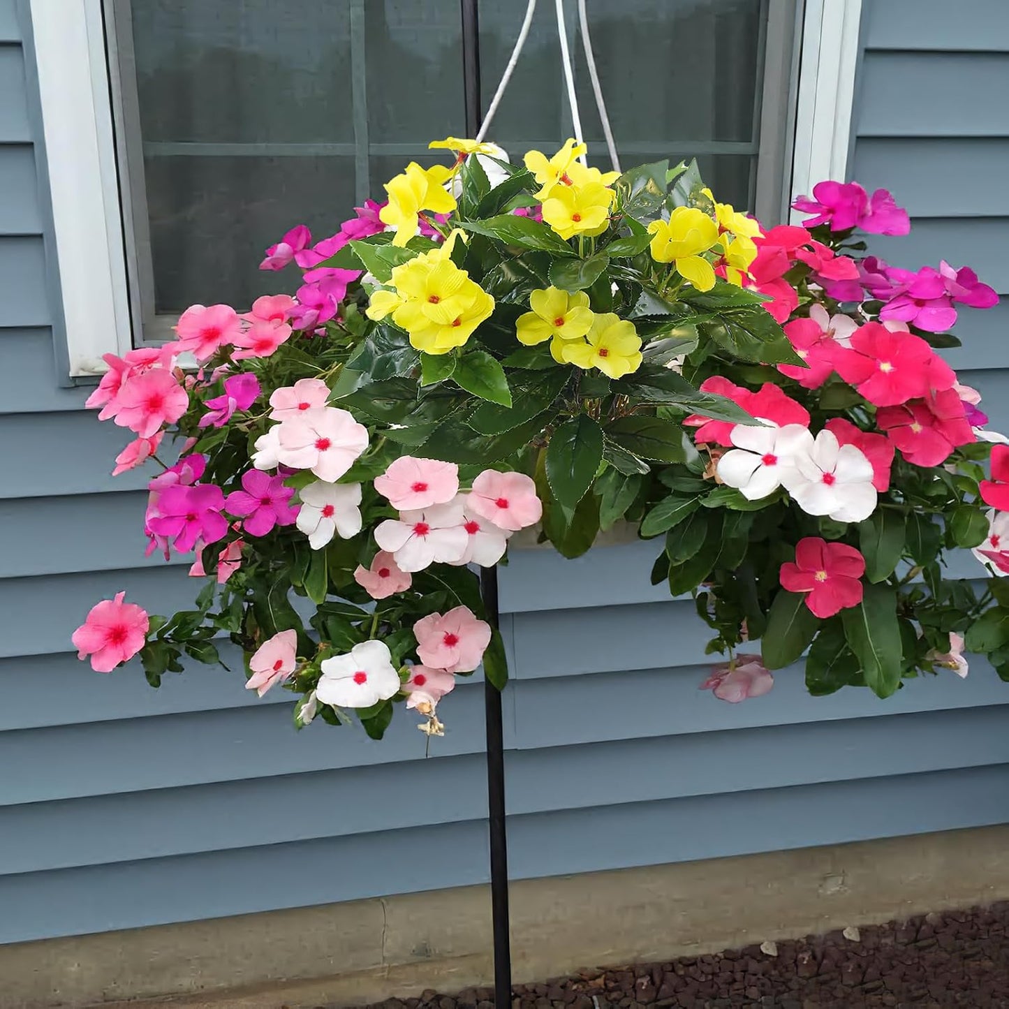 2 Pcs Artificial Impatiens Flowers for Outdoors Faux Impatiens Bushes Yellow Silk Flowers Greenery Artificial Impatiens Bouquet for Patio Lawn Garden Pot Hanging Basket Porch Decoration