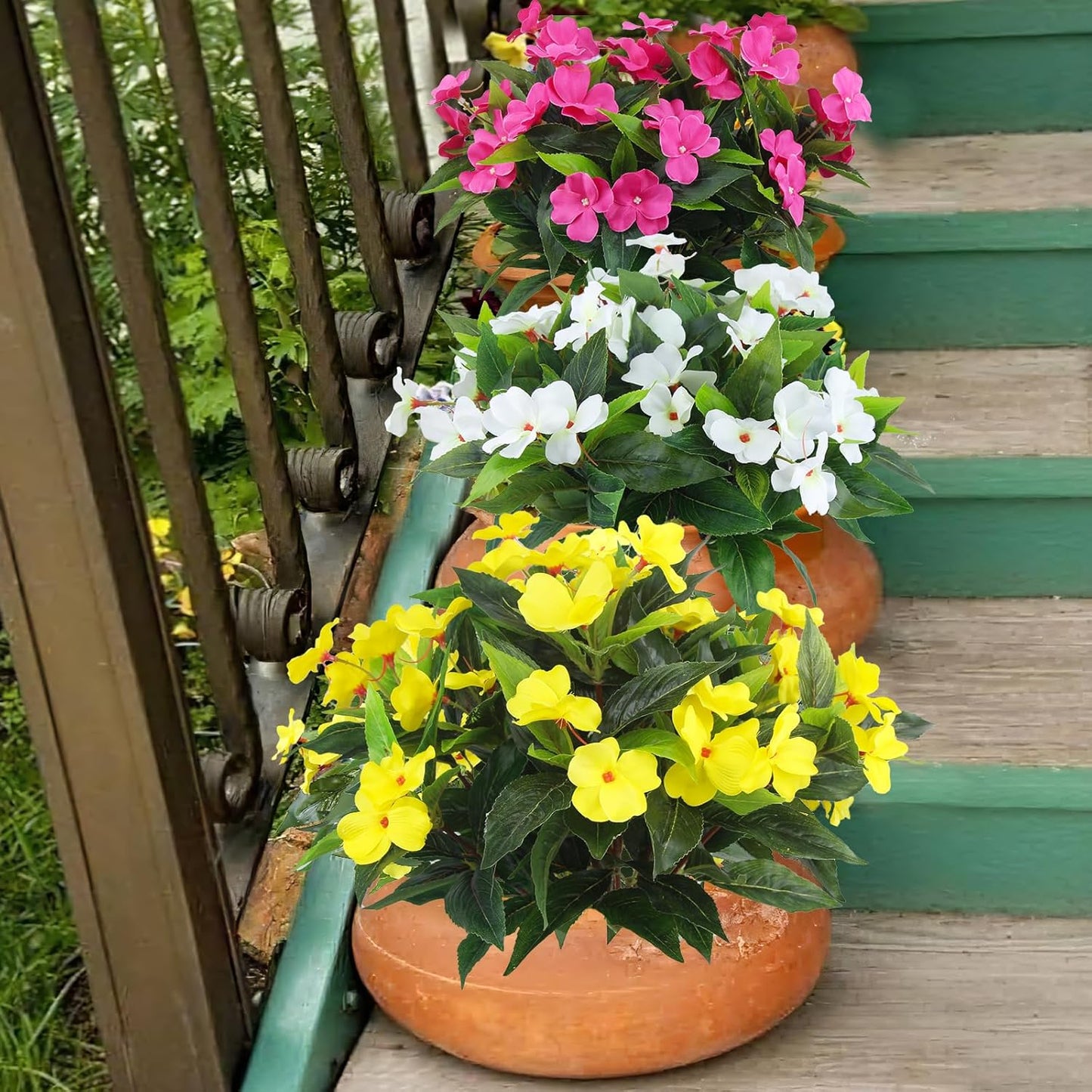 2 Pcs Artificial Impatiens Flowers for Outdoors Faux Impatiens Bushes Yellow Silk Flowers Greenery Artificial Impatiens Bouquet for Patio Lawn Garden Pot Hanging Basket Porch Decoration