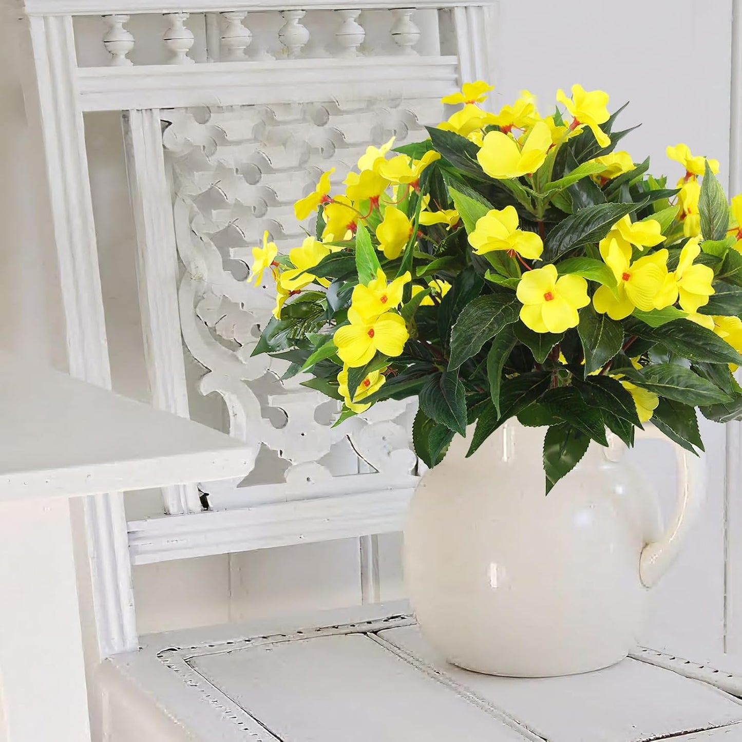 2 Pcs Artificial Impatiens Flowers for Outdoors Faux Impatiens Bushes Yellow Silk Flowers Greenery Artificial Impatiens Bouquet for Patio Lawn Garden Pot Hanging Basket Porch Decoration