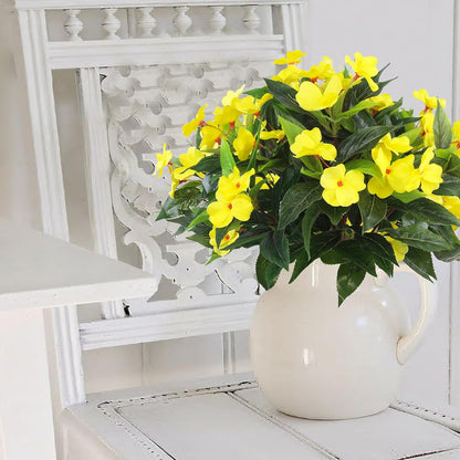 2 Pcs Artificial Impatiens Flowers for Outdoors Faux Impatiens Bushes Yellow Silk Flowers Greenery Artificial Impatiens Bouquet for Patio Lawn Garden Pot Hanging Basket Porch Decoration