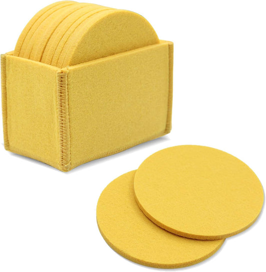 Set of 10 Felt Coaster Set with Holder, Table Coasters for Drinks, Absorbent & Protect Furniture & Table - Yellow