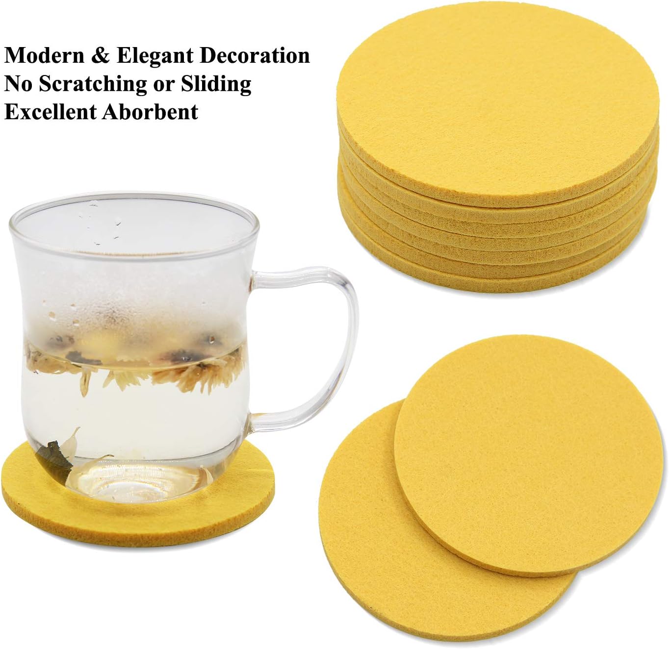 Set of 10 Felt Coaster Set with Holder, Table Coasters for Drinks, Absorbent & Protect Furniture & Table - Yellow
