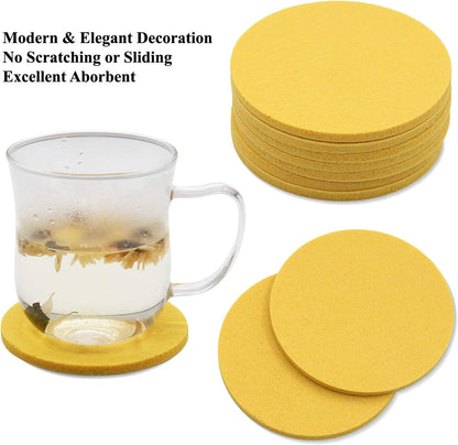 Set of 10 Felt Coaster Set with Holder, Table Coasters for Drinks, Absorbent & Protect Furniture & Table - Yellow