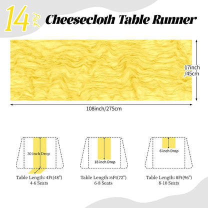 14 Pack Lemon Yellow Cheesecloth Table Runner 17x108 Inch Semi Sheer Boho Gauze Cheese Cloth Fabric Table Runners, for Wedding Party Baby Shower Birthday Home Decor Garden Farmhouse
