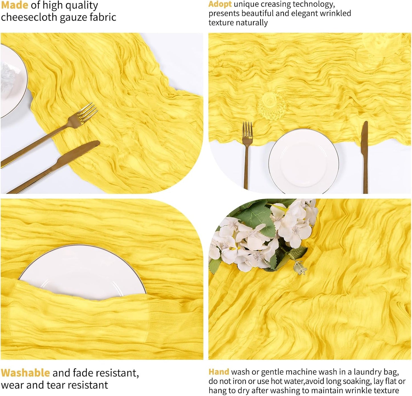 14 Pack Lemon Yellow Cheesecloth Table Runner 17x108 Inch Semi Sheer Boho Gauze Cheese Cloth Fabric Table Runners, for Wedding Party Baby Shower Birthday Home Decor Garden Farmhouse