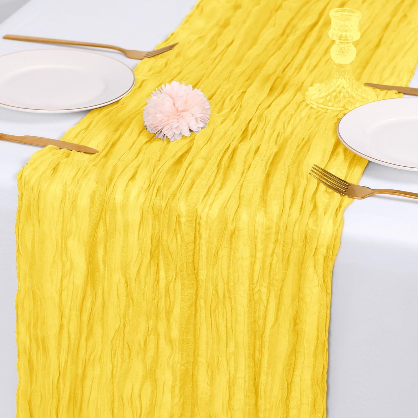 14 Pack Lemon Yellow Cheesecloth Table Runner 17x108 Inch Semi Sheer Boho Gauze Cheese Cloth Fabric Table Runners, for Wedding Party Baby Shower Birthday Home Decor Garden Farmhouse