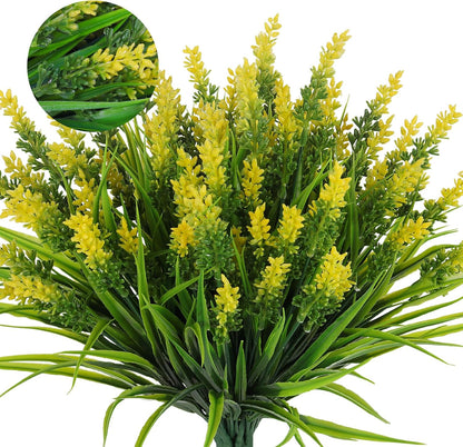 12 Bundles Artificial Grass Fake Plants Outdoor Yellow Fake Grass | 14.6",UV Resistant Greenery,Plastic Lavender Plants for Window Garden Office Patio Hanging Planter Pathway Front Porch Décor